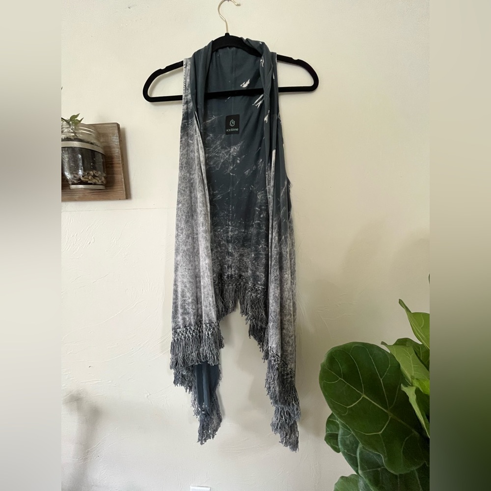 Hologram gray and black tie dye long fringed vest